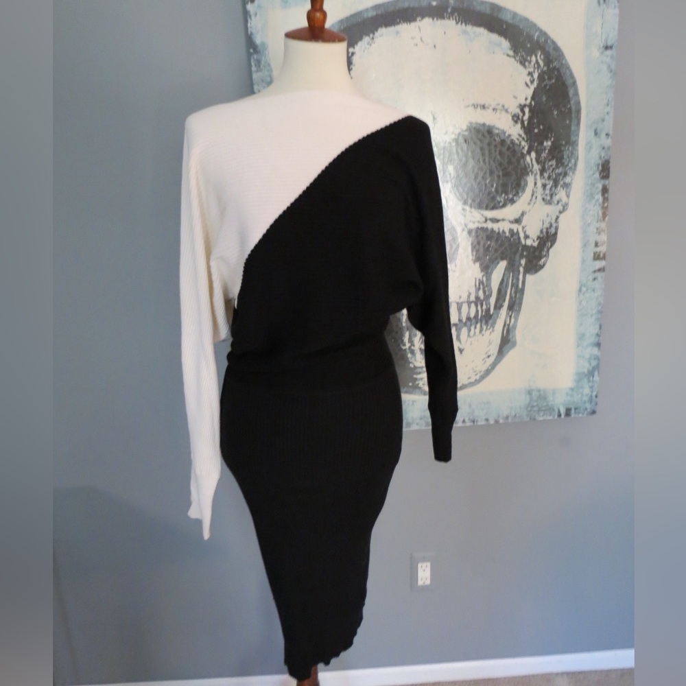 Black and White Asymmetrical Sweater Dress - Picture 1 of 4
